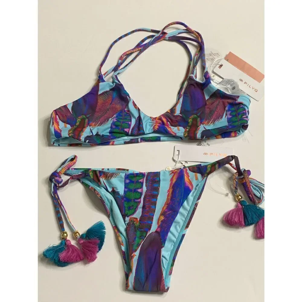 New. Pilyq feather teeny halter bikini.
